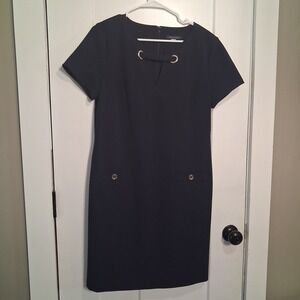Tommy Hilfiger Navy Blue Cap Sleeve Sheath Dress Gold Hardware Pockets Size 12